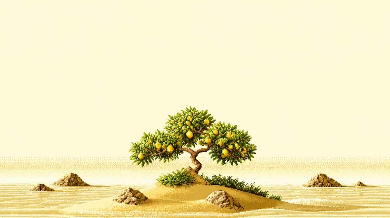 A pixel-art lemon tree on a small island